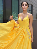 A-Line/Princess Satin Ruffles V-neck Sleeveless Sweep/Brush Train Dresses Prom Evening Dress