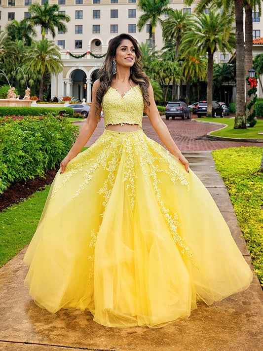 Vestido de fiesta de dos piezas, corte A/princesa, con apliques de tul, escote en V, sin mangas, largo hasta el suelo, vestido de fiesta