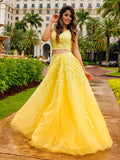 A-Line/Princess Tulle Applique V-neck Sleeveless Floor-Length Two Piece Dresses Prom Dress Ball Gowns