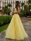 A-Line/Princess Tulle Applique V-neck Sleeveless Floor-Length Two Piece Dresses Prom Dress Ball Gowns