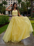 A-Line/Princess Tulle Applique V-neck Sleeveless Floor-Length Two Piece Dresses Prom Dress Ball Gowns