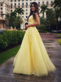 A-Line/Princess Tulle Applique V-neck Sleeveless Floor-Length Two Piece Dresses Prom Dress Ball Gowns