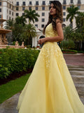 A-Line/Princess Tulle Applique V-neck Sleeveless Floor-Length Two Piece Dresses Prom Dress Ball Gowns