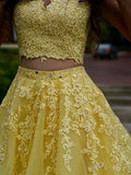 A-Line/Princess Tulle Applique V-neck Sleeveless Floor-Length Two Piece Dresses Prom Dress Ball Gowns