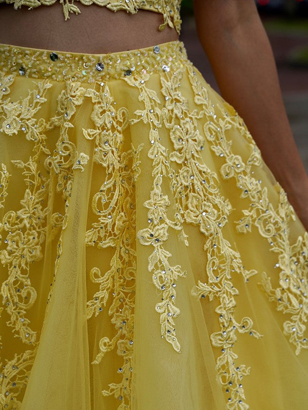 A-Line/Princess Tulle Applique V-neck Sleeveless Floor-Length Two Piece Dresses Prom Dress Ball Gowns
