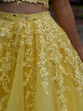 A-Line/Princess Tulle Applique V-neck Sleeveless Floor-Length Two Piece Dresses Prom Dress Ball Gowns
