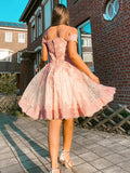 Vestido de fiesta de graduación, corte A/princesa, con apliques de tul, hombros descubiertos, sin mangas, corto/mini