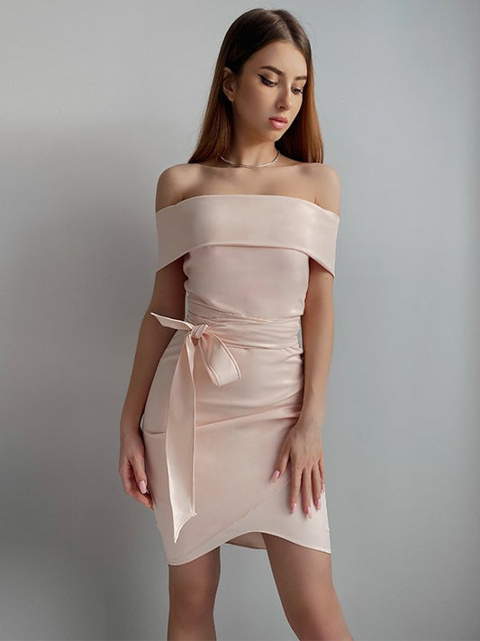Sheath/Column Stretch Crepe Sash/Ribbon/Belt Off-the-Shoulder Sleeveless Short/Mini Dresses Prom Cocktail Dress