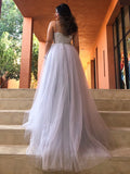 Vestido de noche de fiesta de corte A/princesa, de tul, con abalorios, tirantes finos, sin mangas y cola larga