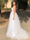 Vestido de noche de fiesta de corte A/princesa, de tul, con abalorios, tirantes finos, sin mangas y cola larga