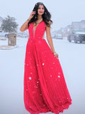 Vestido de noche de graduación de corte A/princesa de gasa con volantes, escote en V, sin mangas y largo hasta el suelo