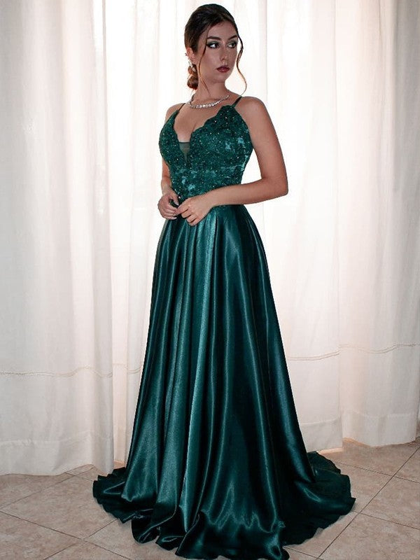 Vestido de noche de graduación con corte A/princesa, apliques de satén tipo seda, escote en V, sin mangas, cola larga