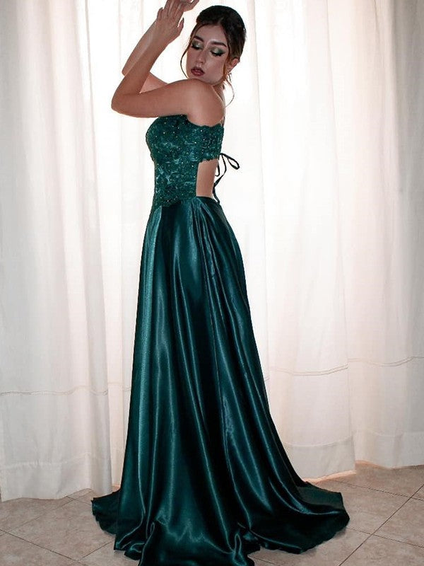 Vestido de noche de graduación con corte A/princesa, apliques de satén tipo seda, escote en V, sin mangas, cola larga