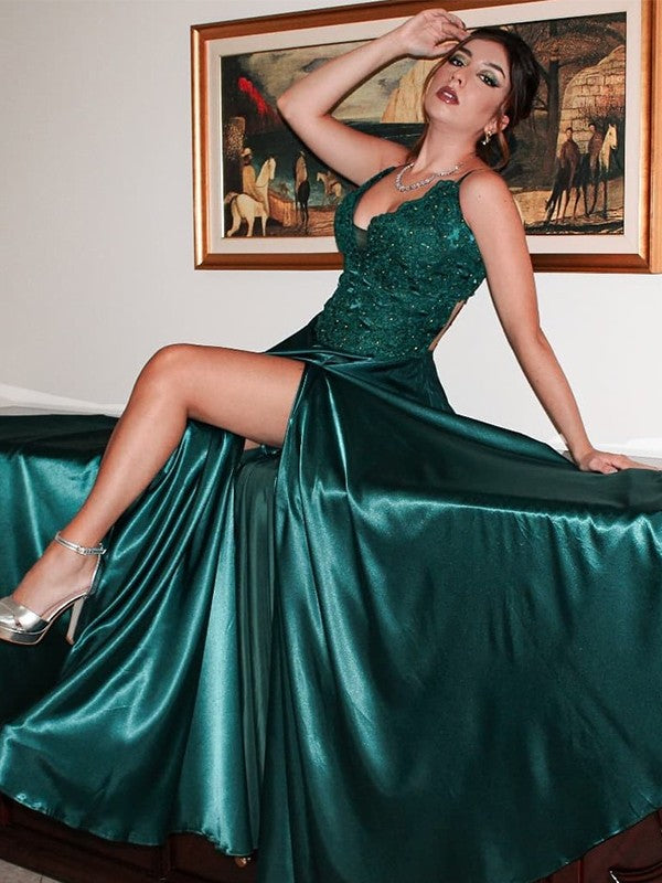 Vestido de noche de graduación con corte A/princesa, apliques de satén tipo seda, escote en V, sin mangas, cola larga