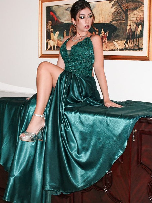 Vestido de noche de graduación con corte A/princesa, apliques de satén tipo seda, escote en V, sin mangas, cola larga