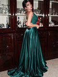 Vestido de noche de graduación con corte A/princesa, apliques de satén tipo seda, escote en V, sin mangas, cola larga