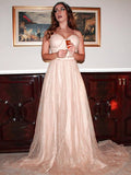 Vestido de noche de graduación con corte A/princesa, volantes, tirantes finos, sin mangas y cola larga