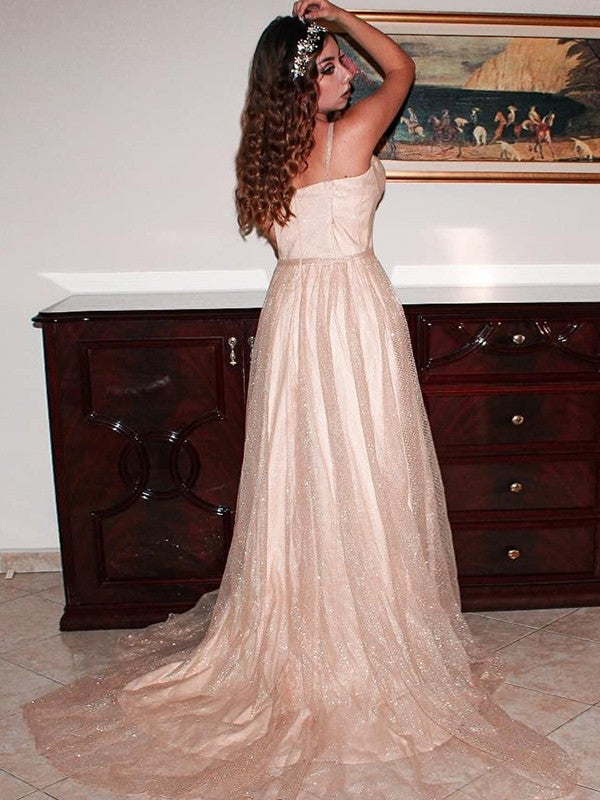 Vestido de noche de graduación con corte A/princesa, volantes, tirantes finos, sin mangas y cola larga