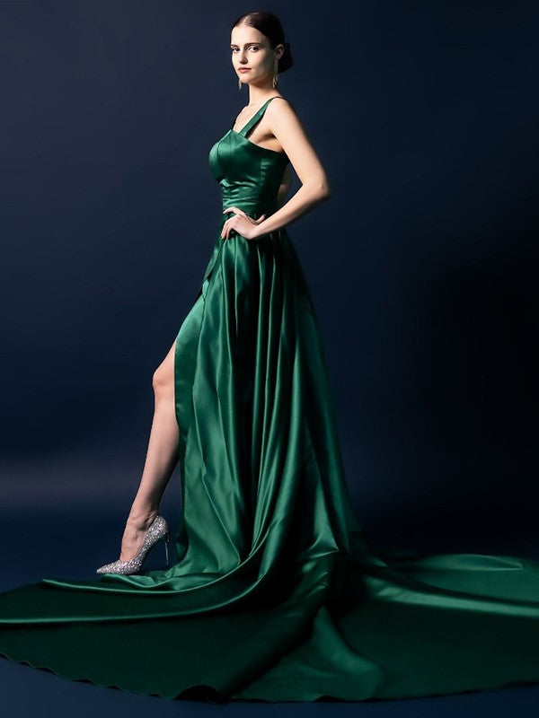 A-Line/Princess Satin Ruched Square Sleeveless Chapel Train Dresses Prom Evening Dress