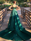A-Line/Princess Satin Ruched Square Sleeveless Chapel Train Dresses Prom Evening Dress