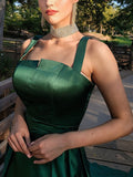 A-Line/Princess Satin Ruched Square Sleeveless Chapel Train Dresses Prom Evening Dress