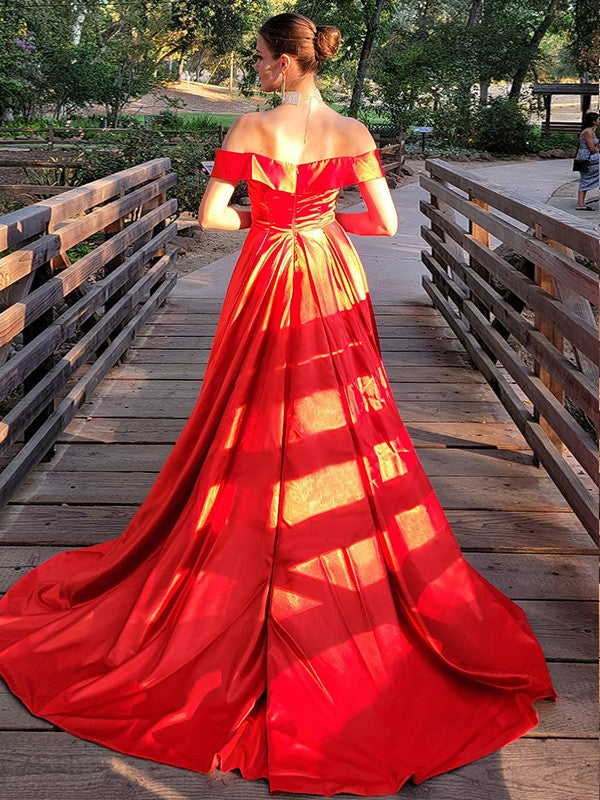 A-Line/Princess Silk like Satin Ruched Off-the-Shoulder Sleeveless Sweep/Brush Train Dresses Prom Evening Dress