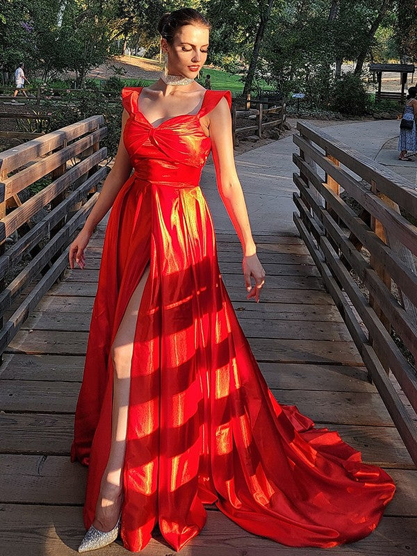 A-Line/Princess Silk like Satin Ruched Off-the-Shoulder Sleeveless Sweep/Brush Train Dresses Prom Evening Dress