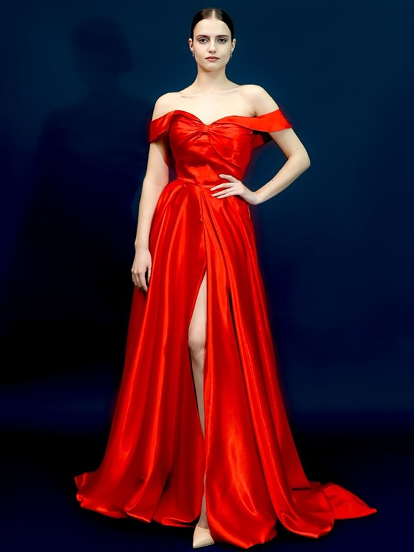 A-Line/Princess Silk like Satin Ruched Off-the-Shoulder Sleeveless Sweep/Brush Train Dresses Prom Evening Dress