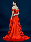 A-Line/Princess Silk like Satin Ruched Off-the-Shoulder Sleeveless Sweep/Brush Train Dresses Prom Evening Dress