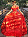 A-Line/Princess Silk like Satin Ruched Off-the-Shoulder Sleeveless Sweep/Brush Train Dresses Prom Evening Dress