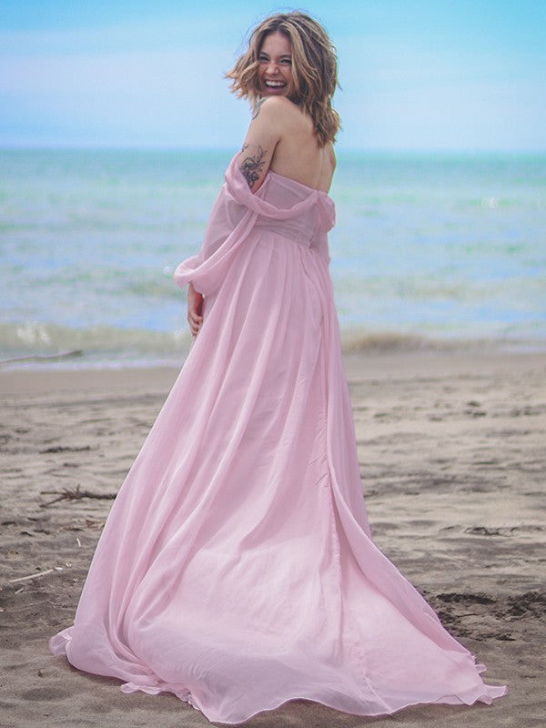 A-Line/Princess 30D Chiffon Ruched Off-the-Shoulder Long Sleeves Sweep/Brush Train Dresses Prom Dress