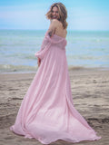 A-Line/Princess 30D Chiffon Ruched Off-the-Shoulder Long Sleeves Sweep/Brush Train Dresses Prom Dress
