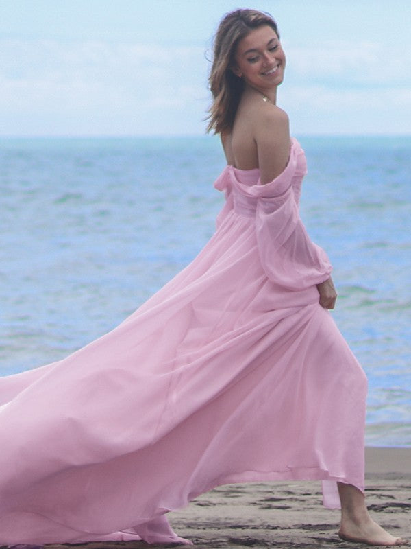 A-Line/Princess 30D Chiffon Ruched Off-the-Shoulder Long Sleeves Sweep/Brush Train Dresses Prom Dress