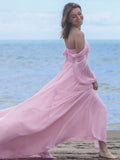 A-Line/Princess 30D Chiffon Ruched Off-the-Shoulder Long Sleeves Sweep/Brush Train Dresses Prom Dress