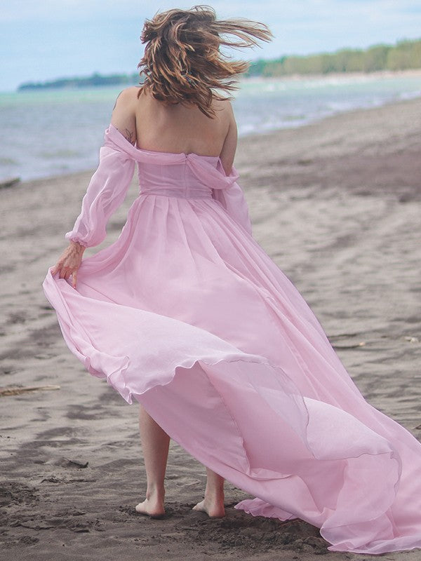A-Line/Princess 30D Chiffon Ruched Off-the-Shoulder Long Sleeves Sweep/Brush Train Dresses Prom Dress