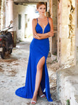 Sheath/Column Jersey Ruched V-neck Sleeveless Sweep/Brush Train Dresses Prom Evening Dress