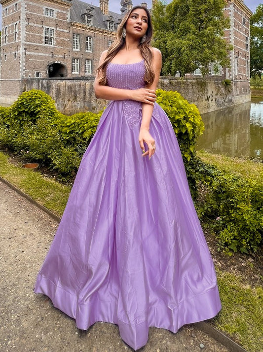 Ballkleid Satin Applikation Spaghettiträger Ärmellos Bodenlang Kleider Ballkleid Ballkleider