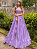 Ballkleid Satin Applikation Spaghettiträger Ärmellos Bodenlang Kleider Ballkleid Ballkleider