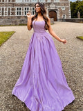 Ballkleid Satin Applikation Spaghettiträger Ärmellos Bodenlang Kleider Ballkleid Ballkleider