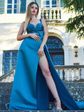 A-Line/Princess Satin Ruched Straps Sleeveless Sweep/Brush Train Dresses Prom Evening Dress
