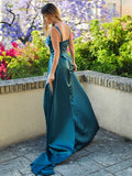 A-Line/Princess Satin Ruched Straps Sleeveless Sweep/Brush Train Dresses Prom Evening Dress