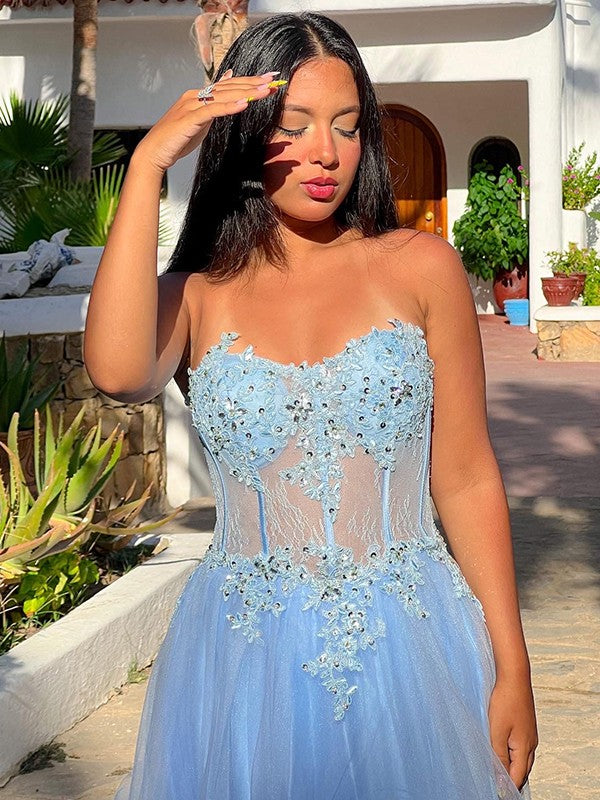 A-Line/Princess Tulle Applique Sweetheart Sleeveless Sweep/Brush Train Dresses Prom Evening Dress