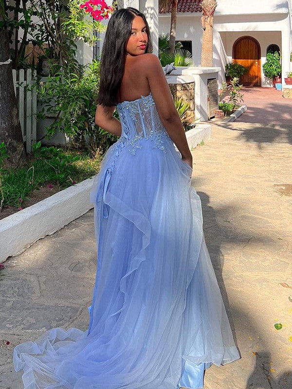 A-Line/Princess Tulle Applique Sweetheart Sleeveless Sweep/Brush Train Dresses Prom Evening Dress