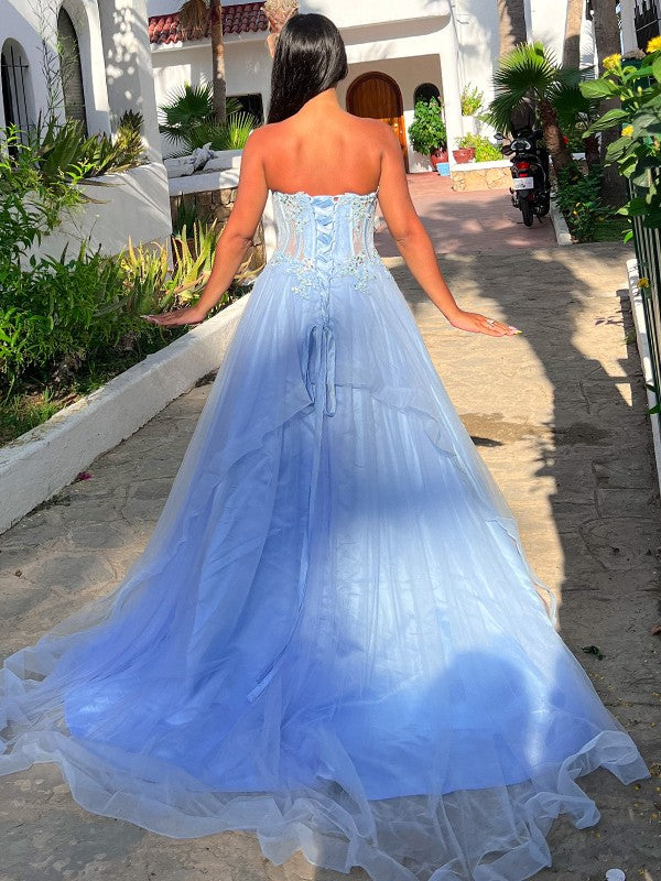 A-Line/Princess Tulle Applique Sweetheart Sleeveless Sweep/Brush Train Dresses Prom Evening Dress