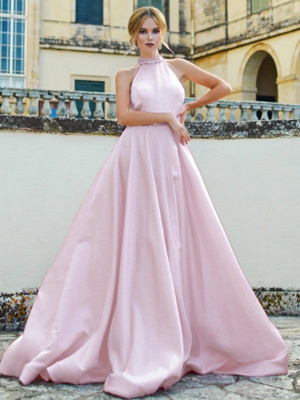 A-Line/Princess Satin Beading Halter Sleeveless Sweep/Brush Train Dresses Prom Evening Dress
