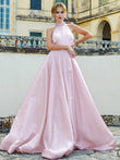 A-Line/Princess Satin Beading Halter Sleeveless Sweep/Brush Train Dresses Prom Evening Dress