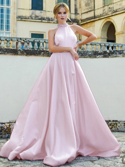 A-Line/Princess Satin Beading Halter Sleeveless Sweep/Brush Train Dresses Prom Evening Dress