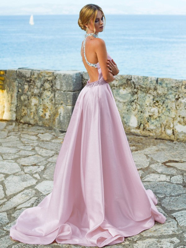 A-Line/Princess Satin Beading Halter Sleeveless Sweep/Brush Train Dresses Prom Evening Dress