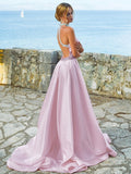 A-Line/Princess Satin Beading Halter Sleeveless Sweep/Brush Train Dresses Prom Evening Dress