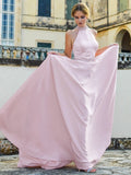 A-Line/Princess Satin Beading Halter Sleeveless Sweep/Brush Train Dresses Prom Evening Dress